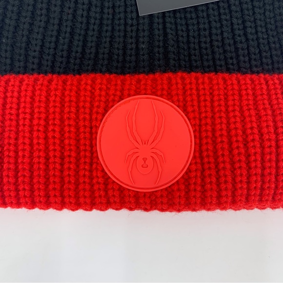 Spyder NWT Mens' Black and Res Colorblock Knit Beanie, OS - Picture 5 of 12
